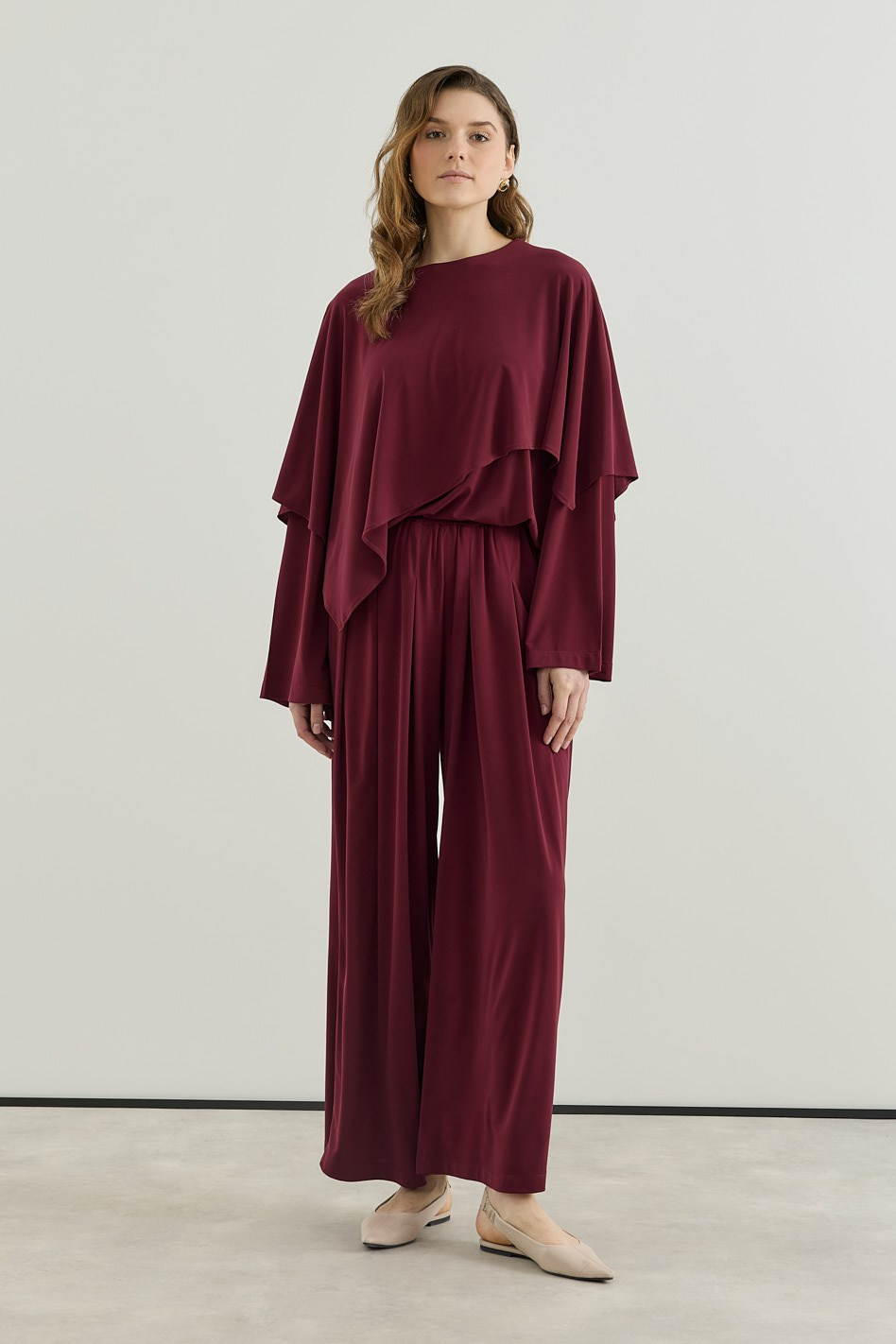 Asimetrik Kesim Tunik Pantolon Sandy Takım Bordo