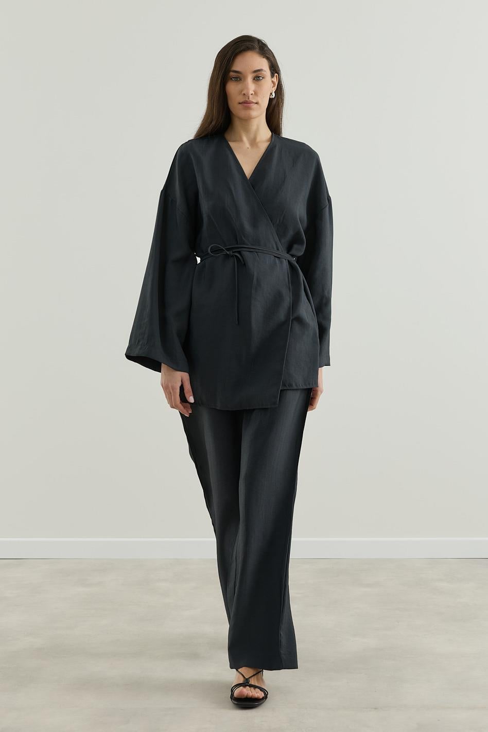 Anvelop Kapamalı Pantolonlu Kimono Takım Siyah