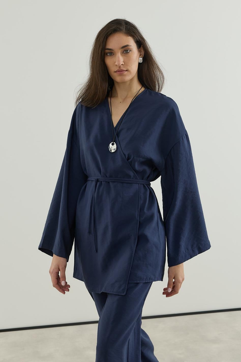Anvelop Kapamalı Pantolonlu Kimono Takım Lacivert