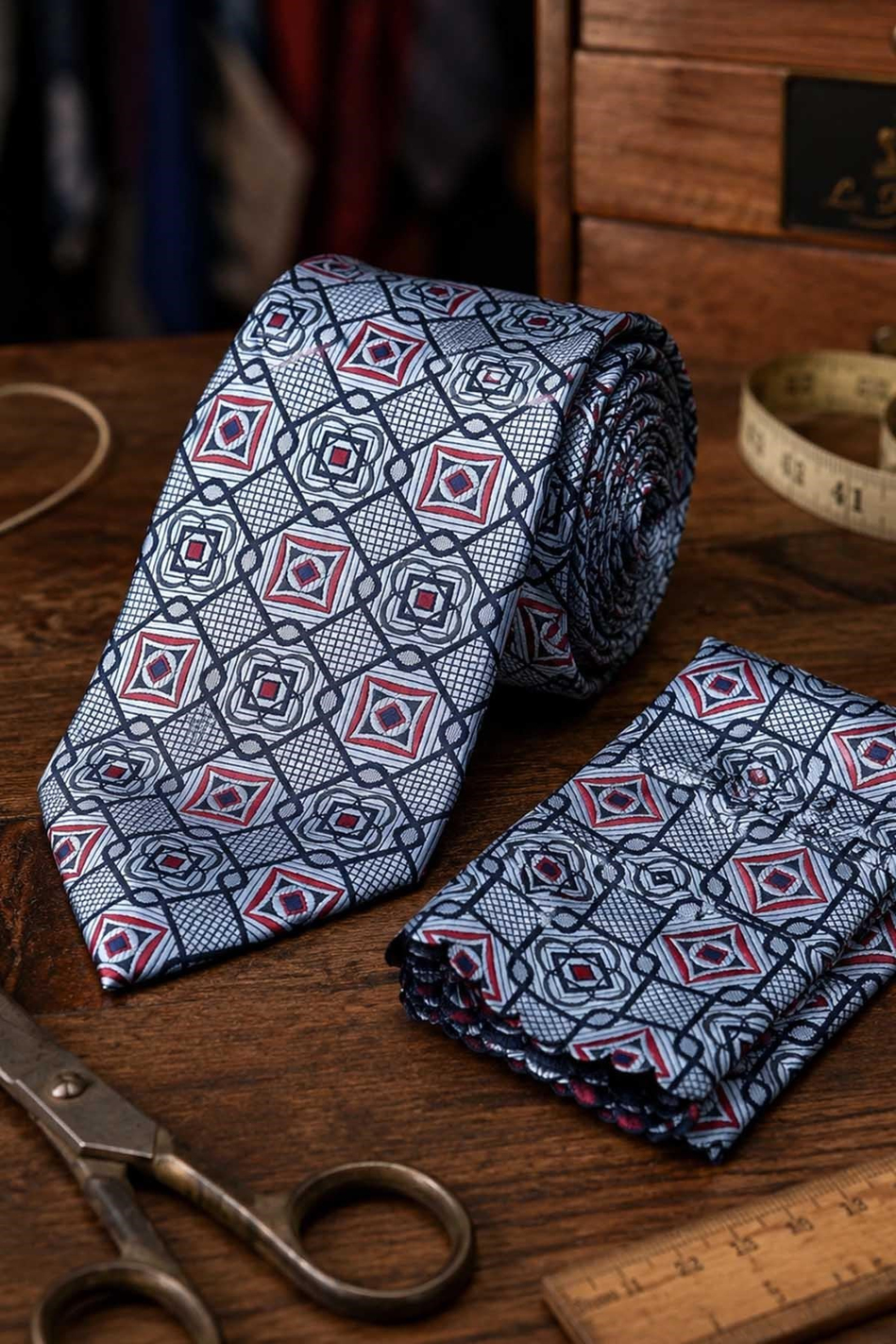 Açık Mavi Motif Desen Mendilli Klasik Kravat KK13767