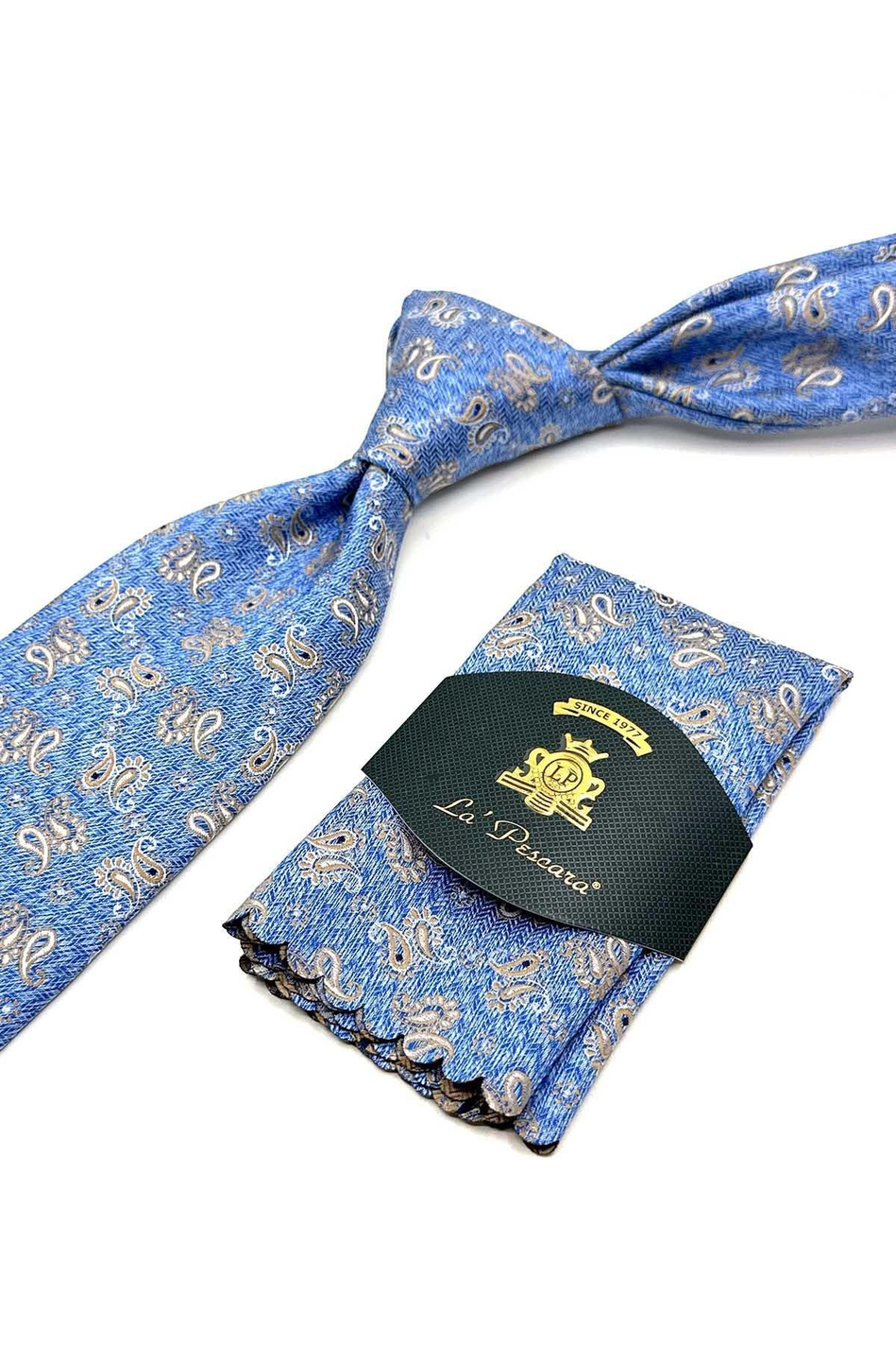 Açık Mavi Şal Desen Mendilli Klasik Kravat KK13115
