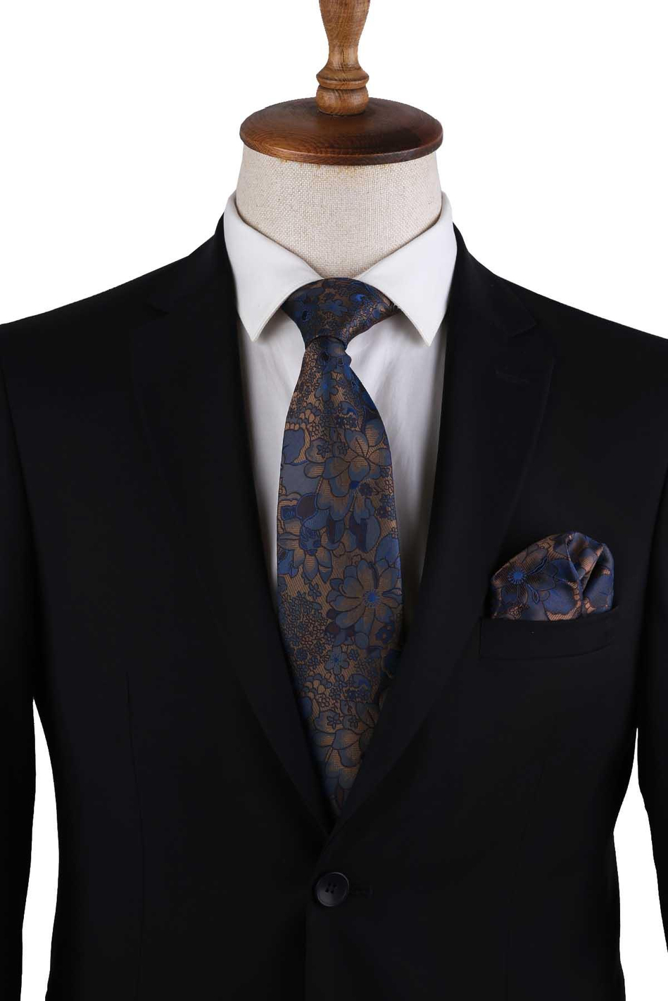 Altın Renk Çiçek Desen Mendilli Klasik Kravat KK12949