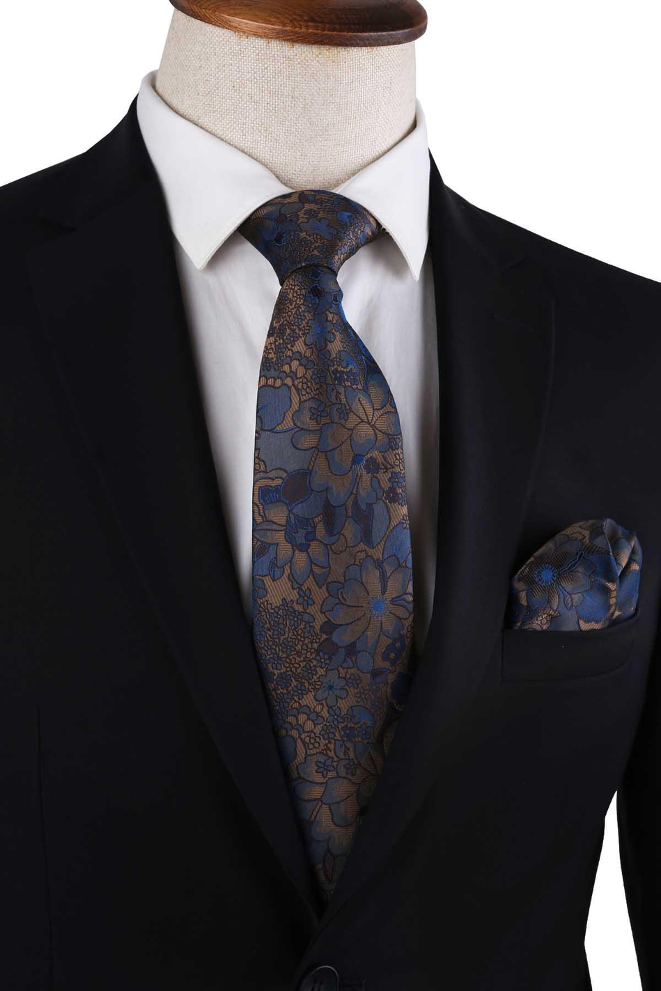 Altın Renk Çiçek Desen Mendilli Klasik Kravat KK12949