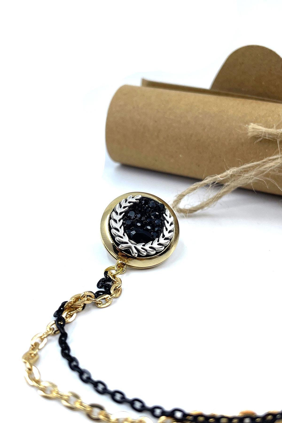 Altın Renk Defne Motif Siyah Zincirli Ceket Yaka İğnesi YI399