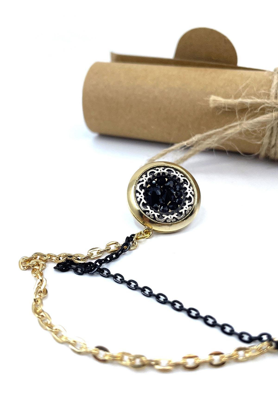 Altın Renk Siyah Zİncirli Ceket Yaka İğnesi YI398