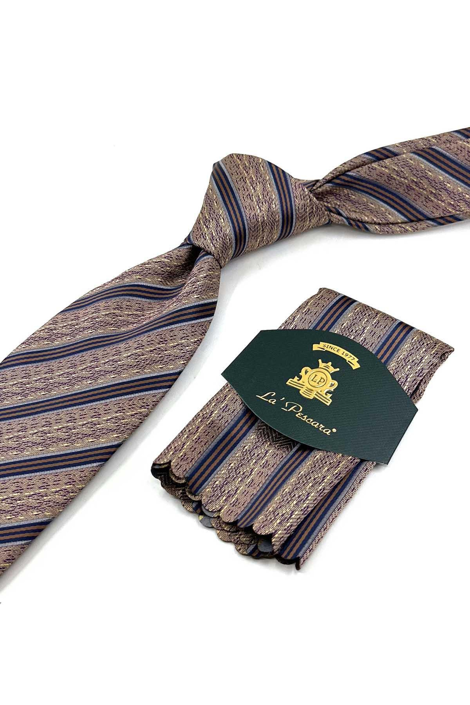 Bej Çizgi Desen Mendilli Klasik Kravat KK13195