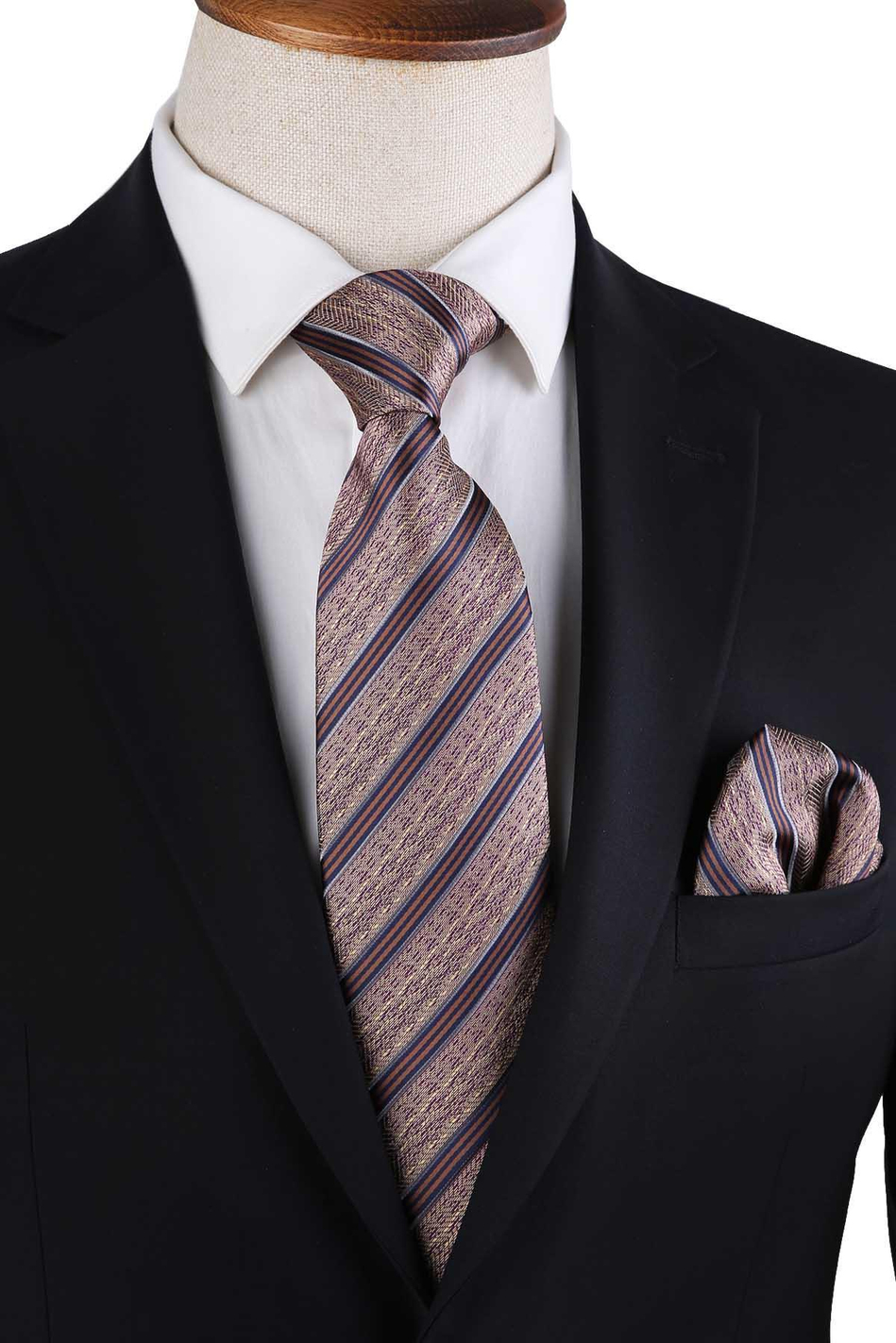 Bej Çizgi Desen Mendilli Klasik Kravat KK13195
