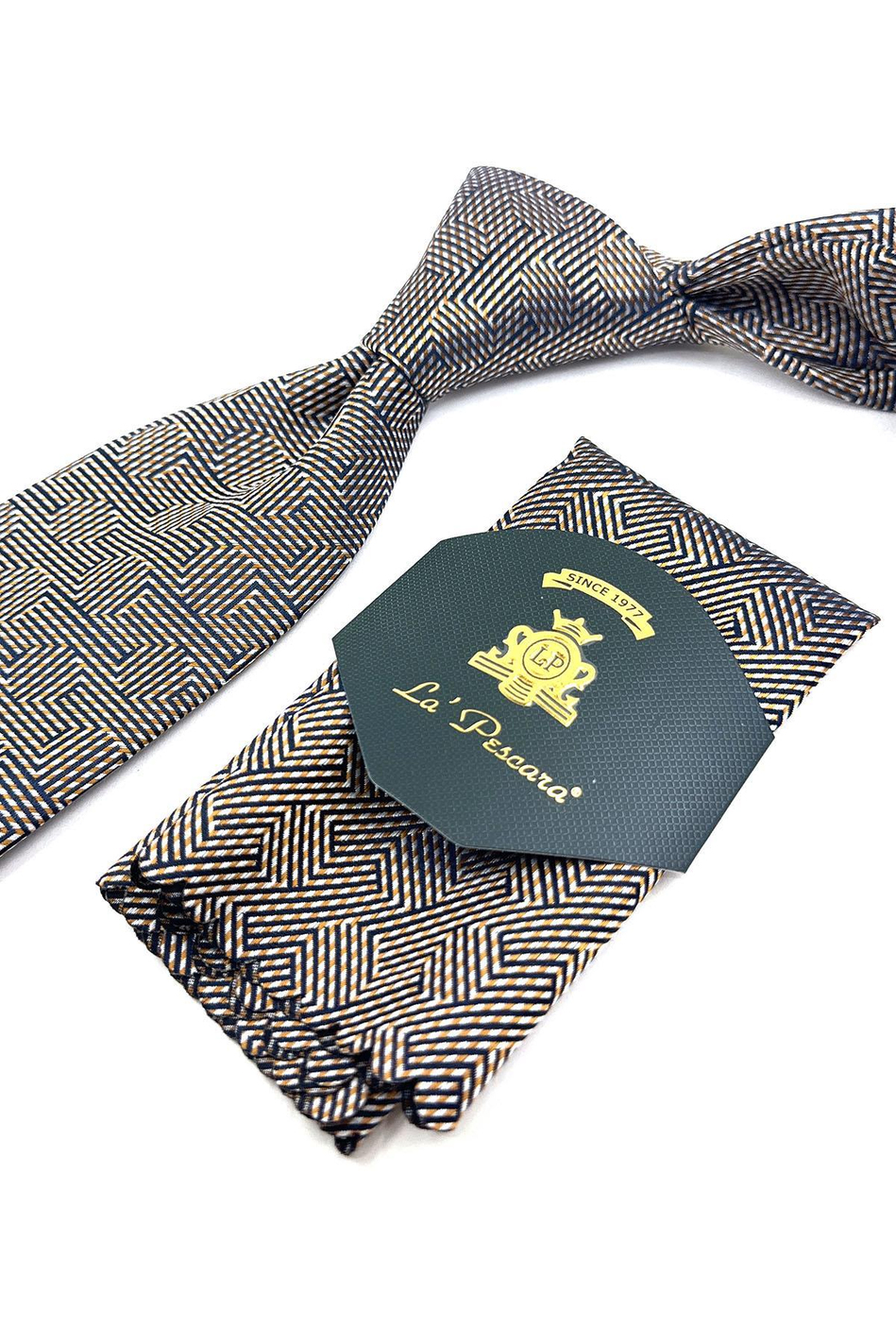 Bej Çizgi Desen Mendilli Klasik Kravat KK11868