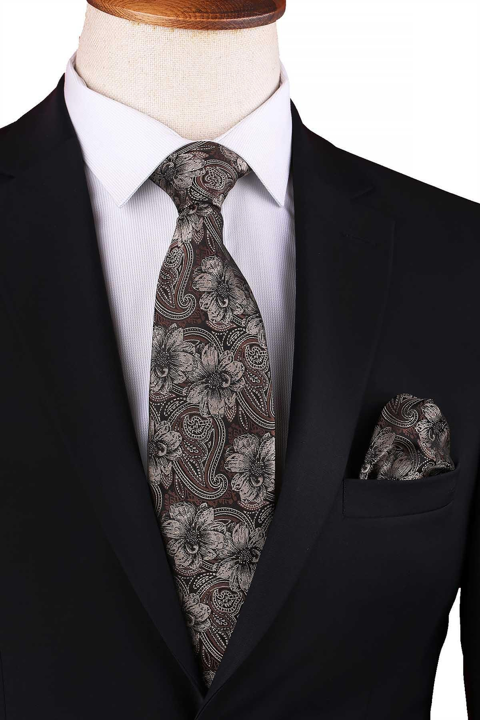 Bej - Kahve Çiçek Desen Mendilli Klasik Kravat KK12949