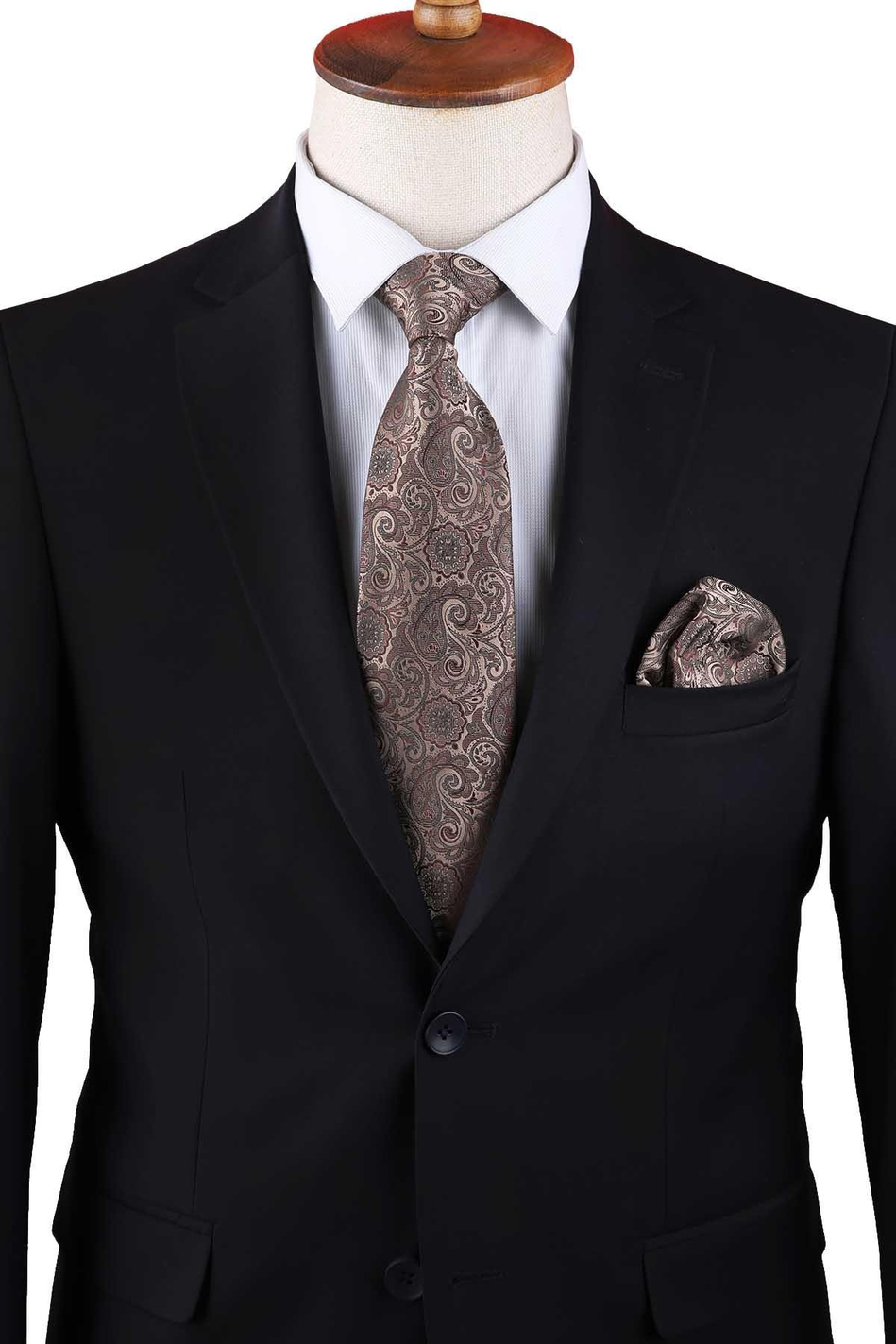 Bej - Kahve Şal Desen Mendilli Klasik Kravat KK13301