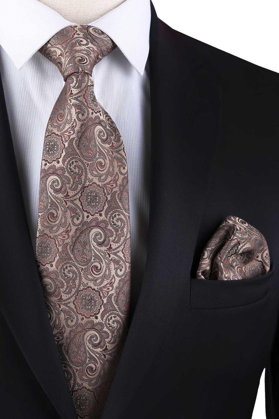 Bej - Kahve Şal Desen Mendilli Klasik Kravat KK13301