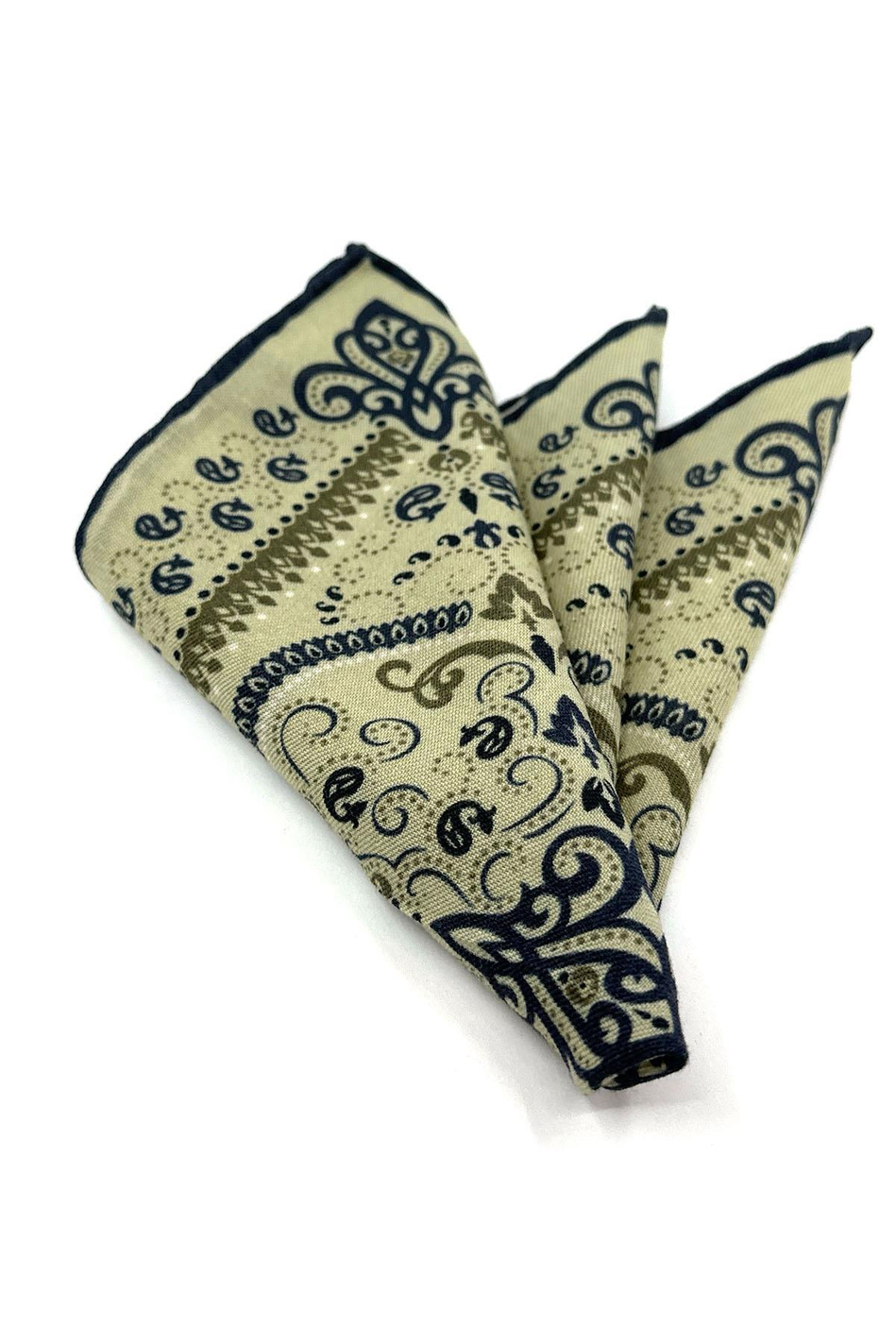 Bej - Lacivert El Dikişi İtalyan Yün Cep Mendili WL07