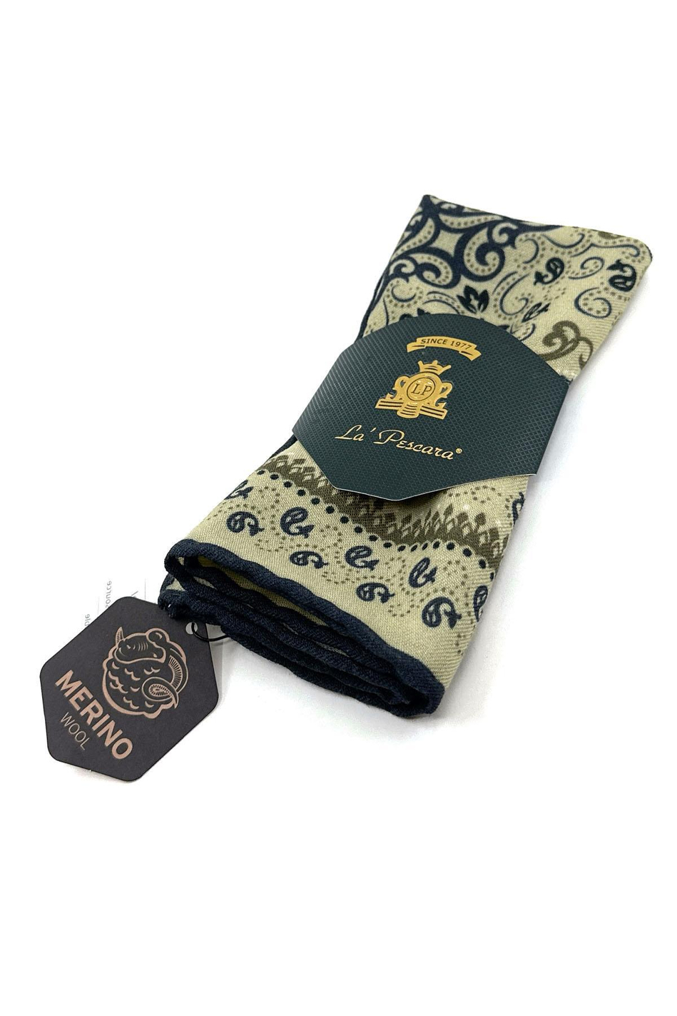 Bej - Lacivert El Dikişi İtalyan Yün Cep Mendili WL07