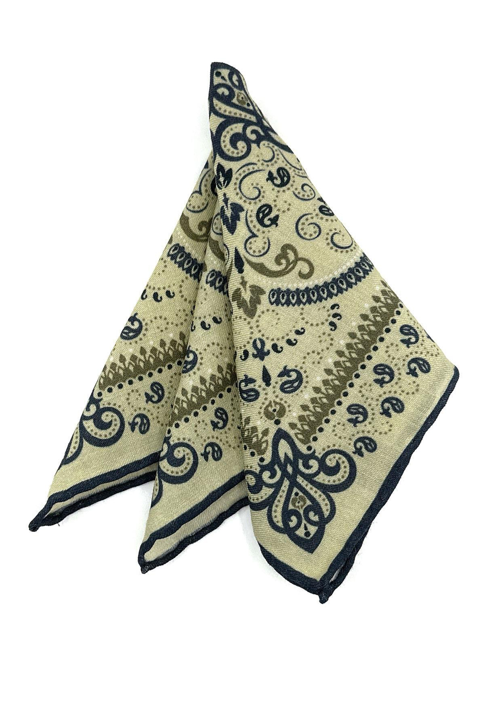 Bej - Lacivert El Dikişi İtalyan Yün Cep Mendili WL07