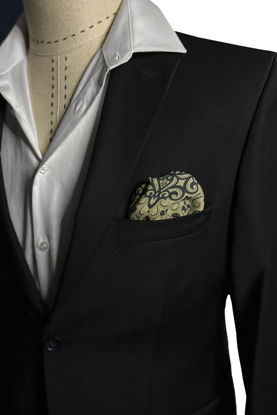 Bej - Lacivert El Dikişi İtalyan Yün Cep Mendili WL07