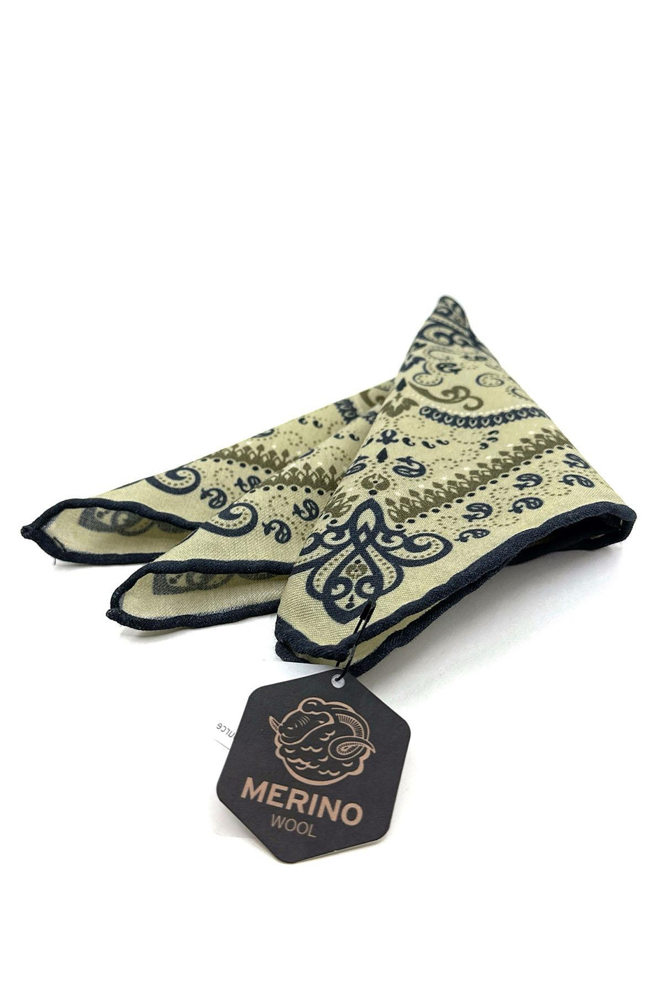 Bej - Lacivert El Dikişi İtalyan Yün Cep Mendili WL07