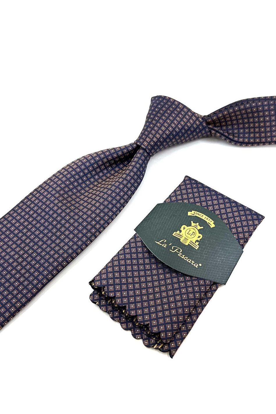 Bej - Lacivert Küçük Desen Mendilli Klasik Kravat KK12382