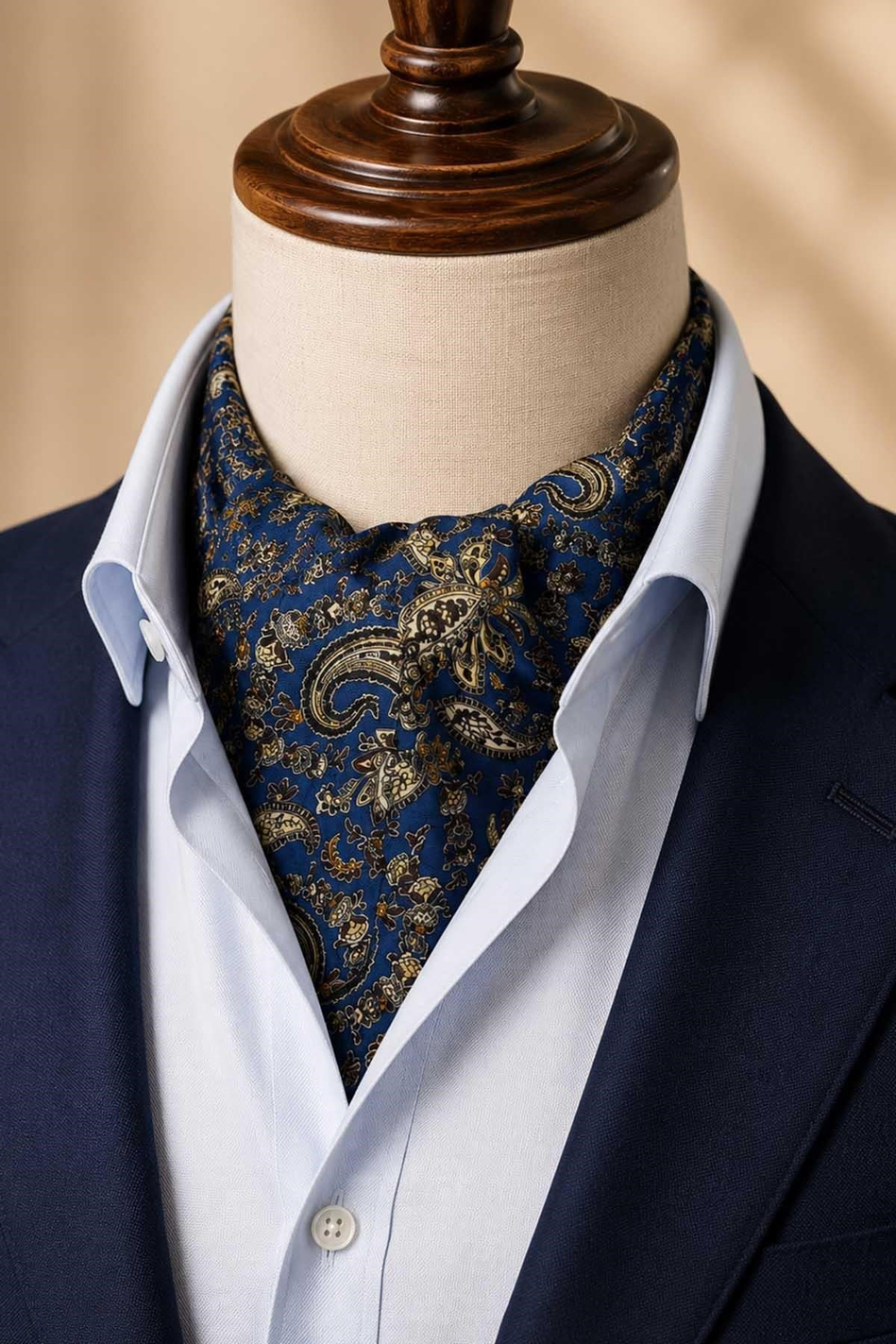 Bej Lacivert Şal Desen İtalyan İpek Ascot Kravat SAC124