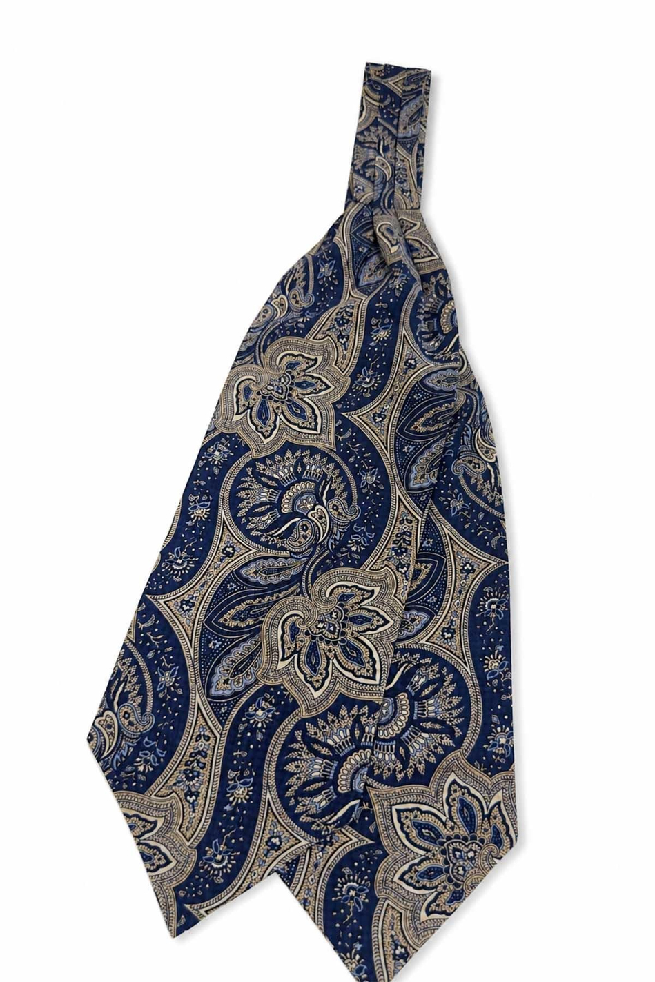 Bej Lacivert Şal Desen İtalyan İpek Ascot Kravat SAC120