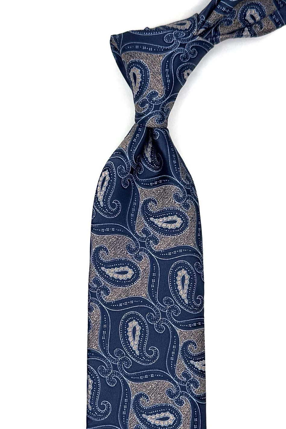 Bej - Lacivert Şal Desen Mendilli Klasik Kravat KK12889