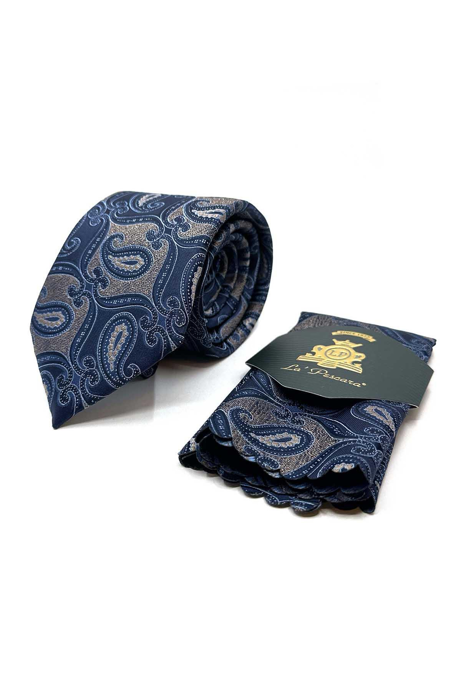 Bej - Lacivert Şal Desen Mendilli Klasik Kravat KK12889
