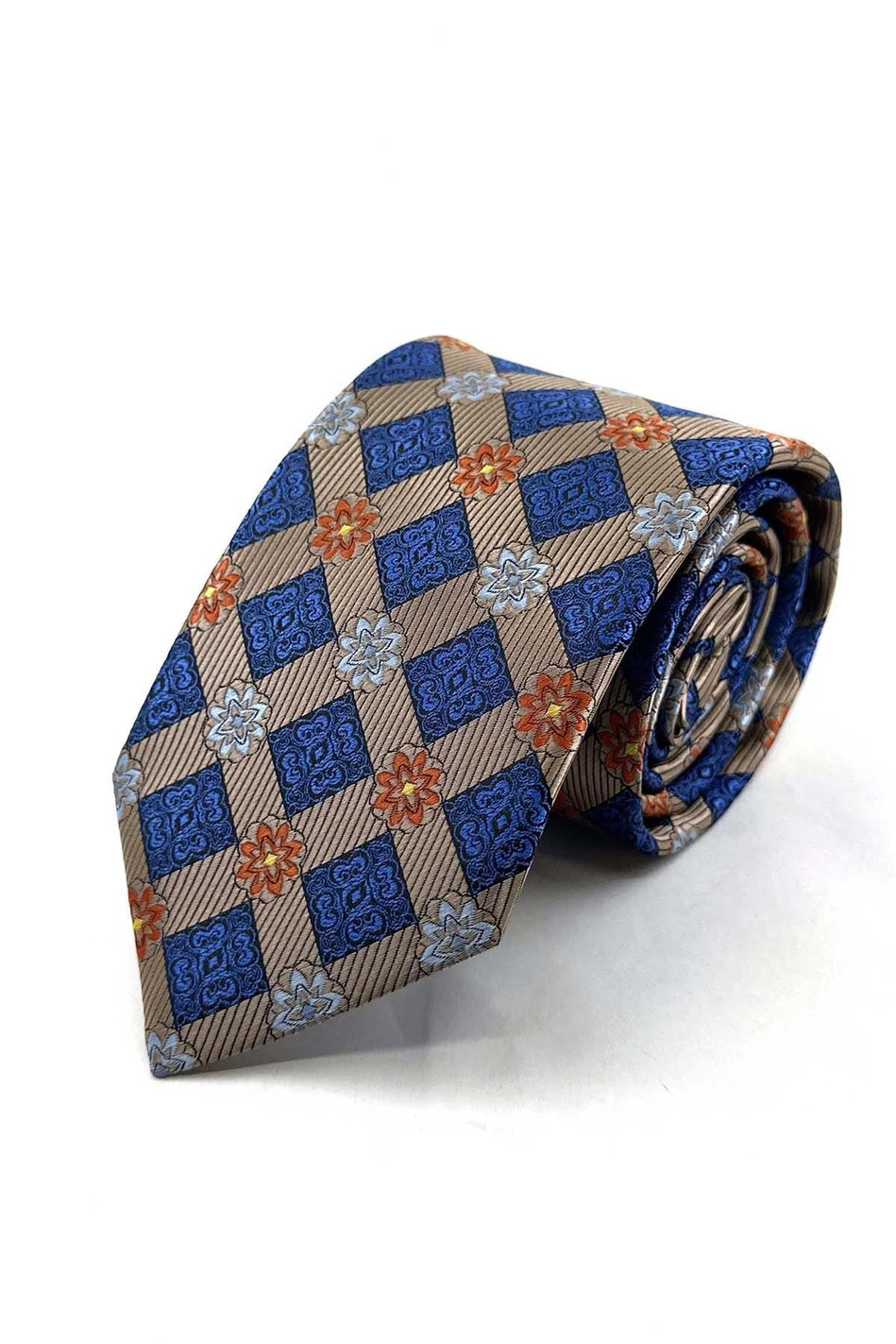 Bej Mavi Motif Desen Mendilli Klasik Kravat KK13939