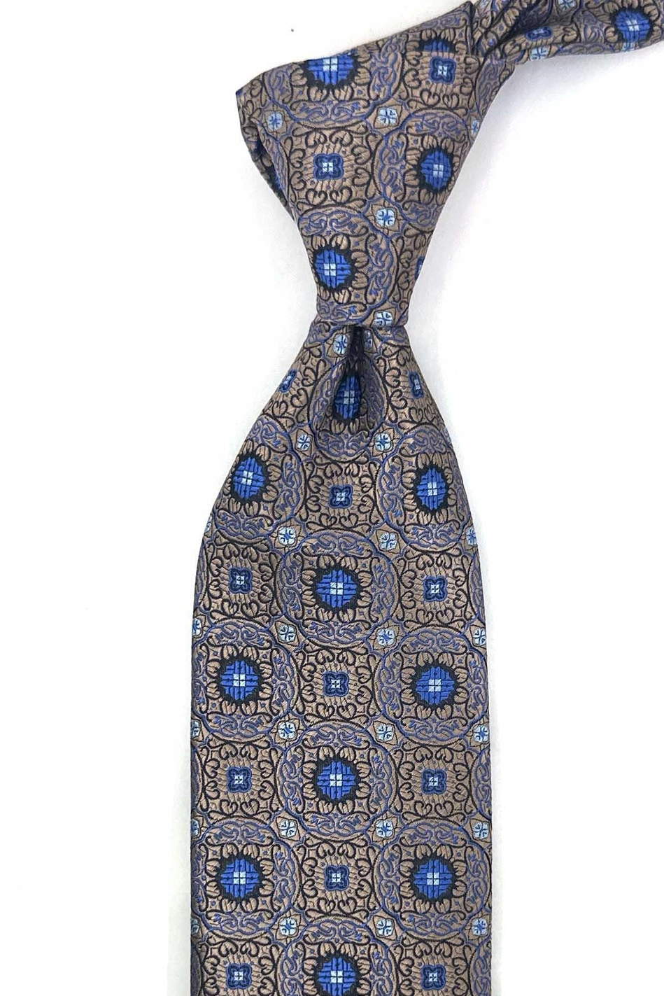 Bej Mavi Motif Desen Mendilli Klasik Kravat KK13754