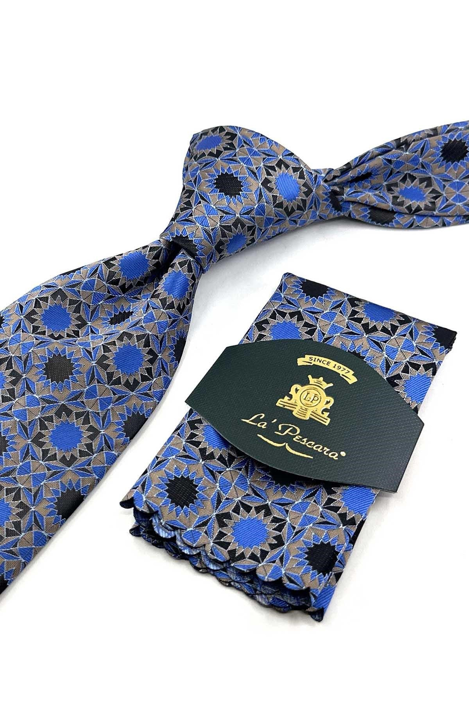 Bej Mavi Motif Desen Mendilli Klasik Kravat KK13910