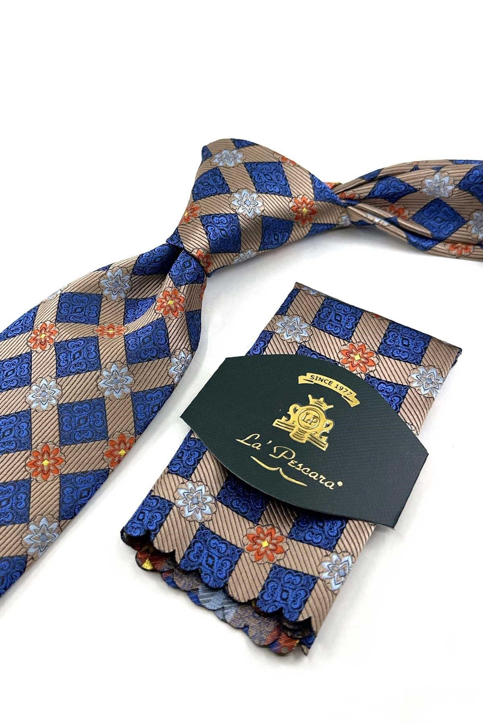 Bej Mavi Motif Desen Mendilli Klasik Kravat KK13939