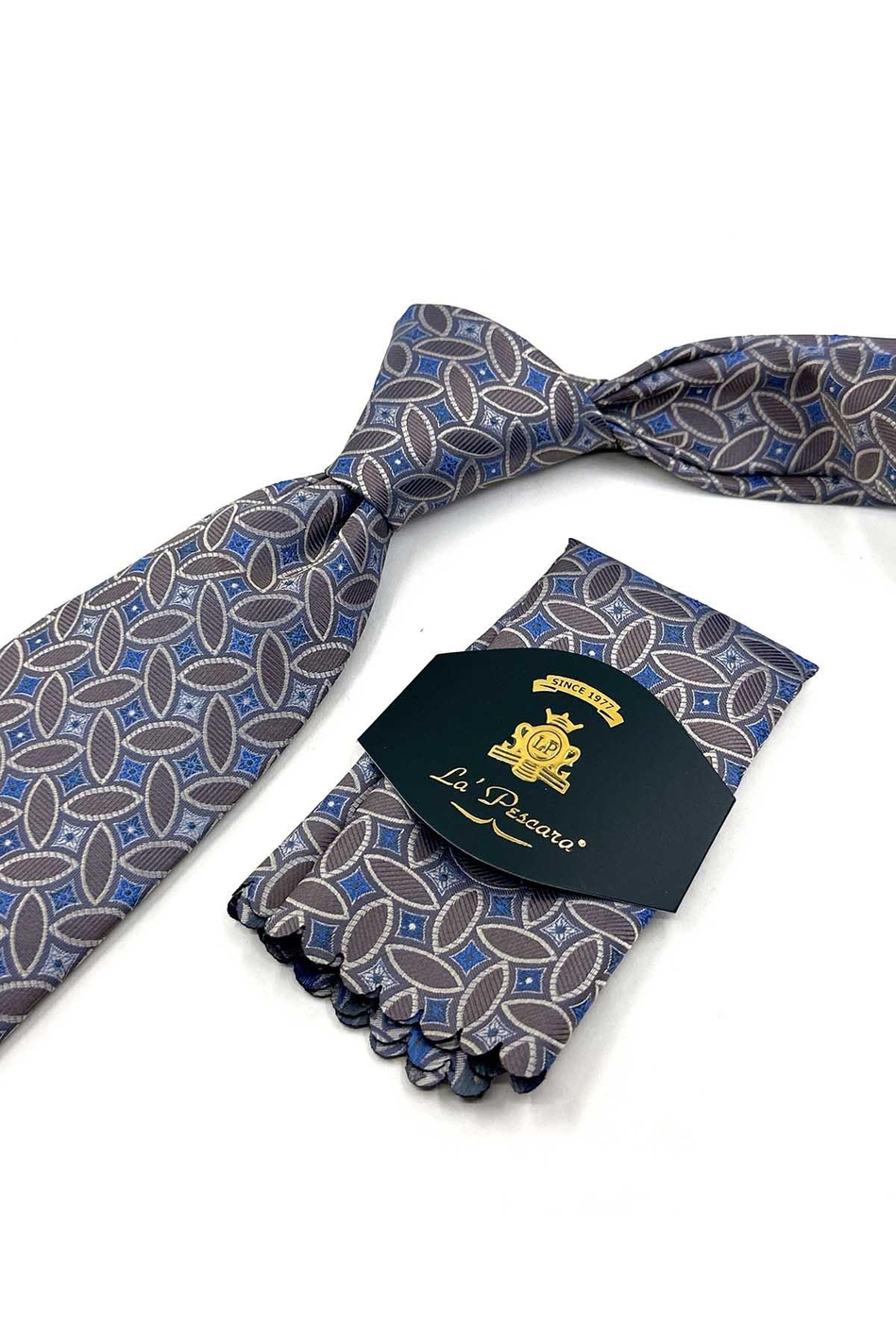 Bej Mavi Motif Desen Mendilli Klasik Kravat KK13987