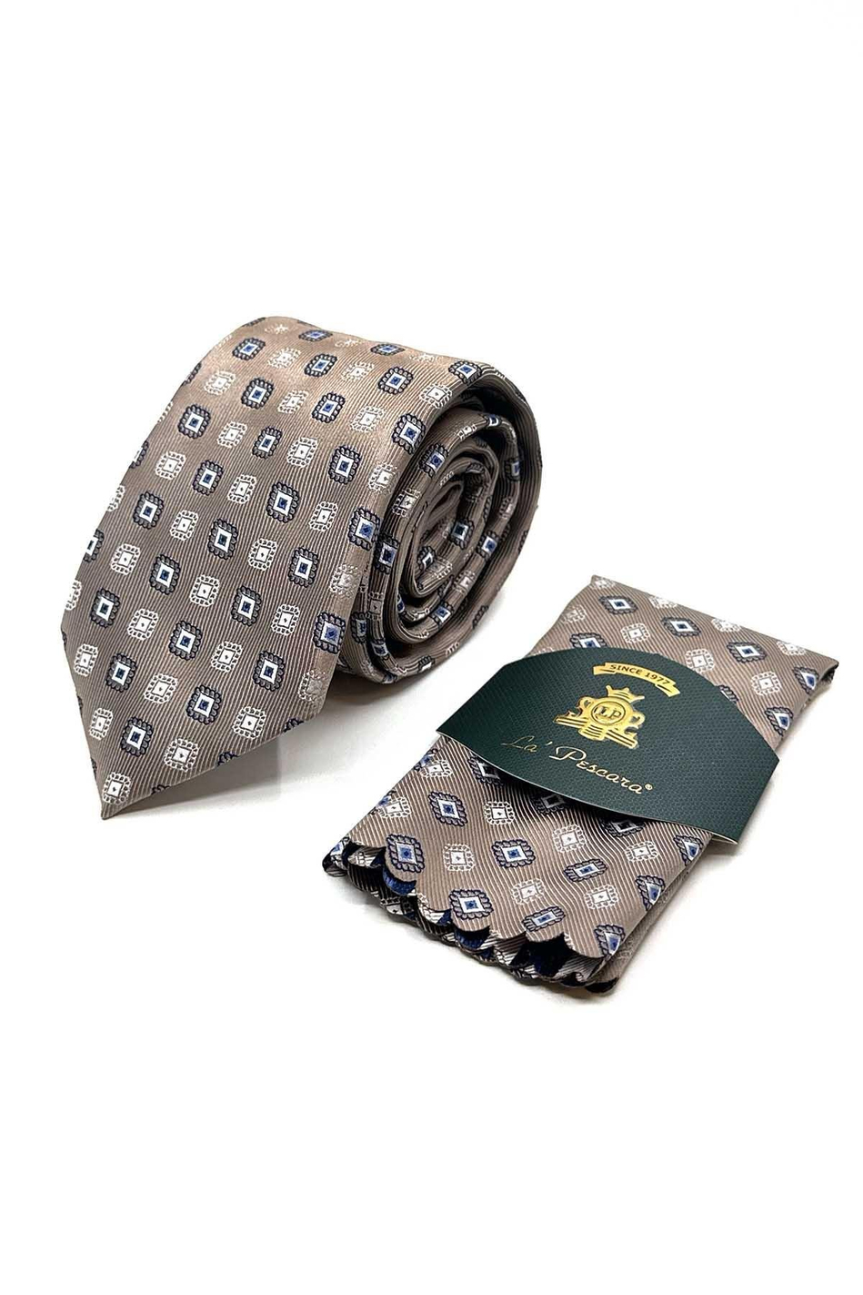 Bej Motif Desen Mendilli Klasik Kravat KK13087