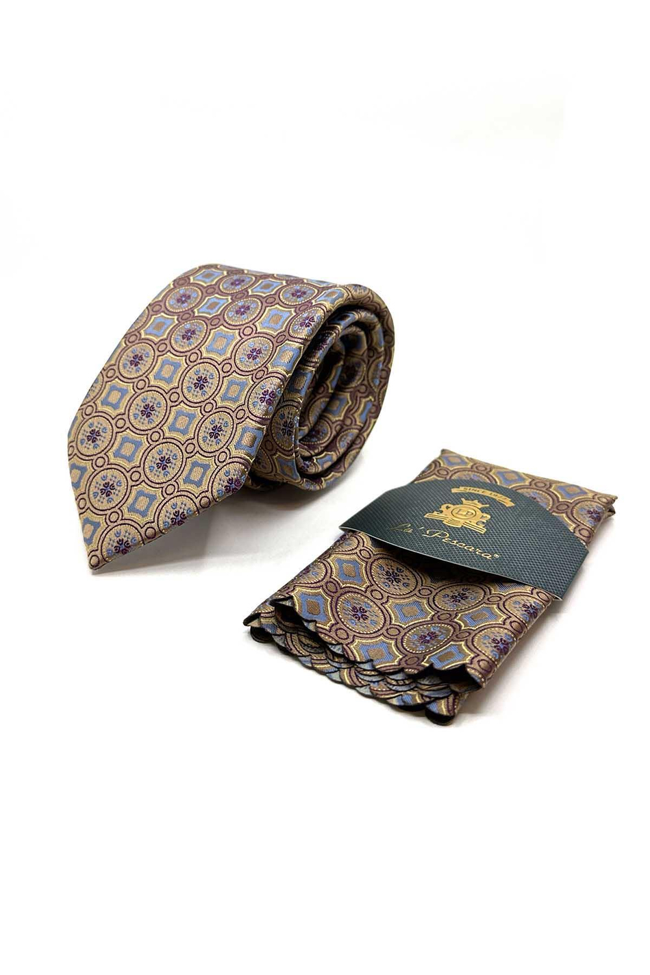 Bej Motif Desen Mendilli Klasik Kravat KK12953