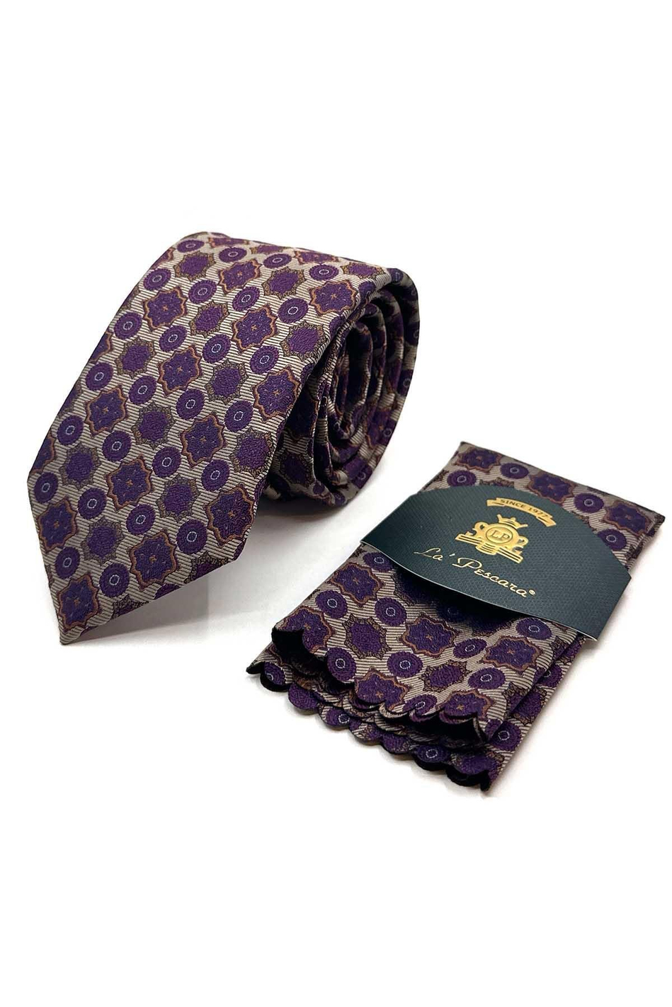 Bej Motif Desen Mendilli Klasik Kravat KK12973