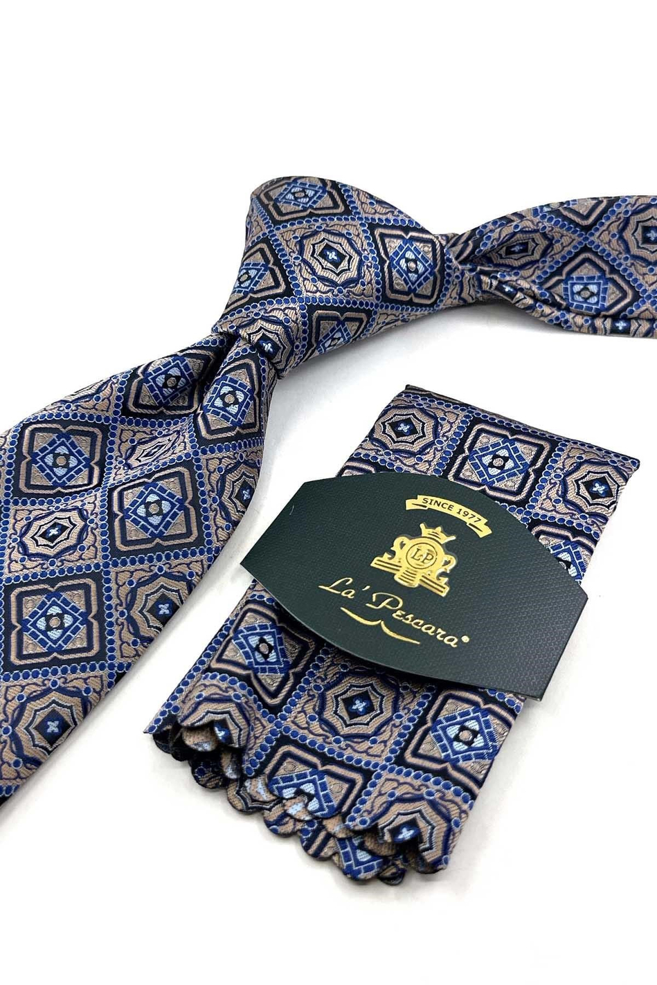 Bej Motif Desen Mendilli Klasik Kravat KK13956