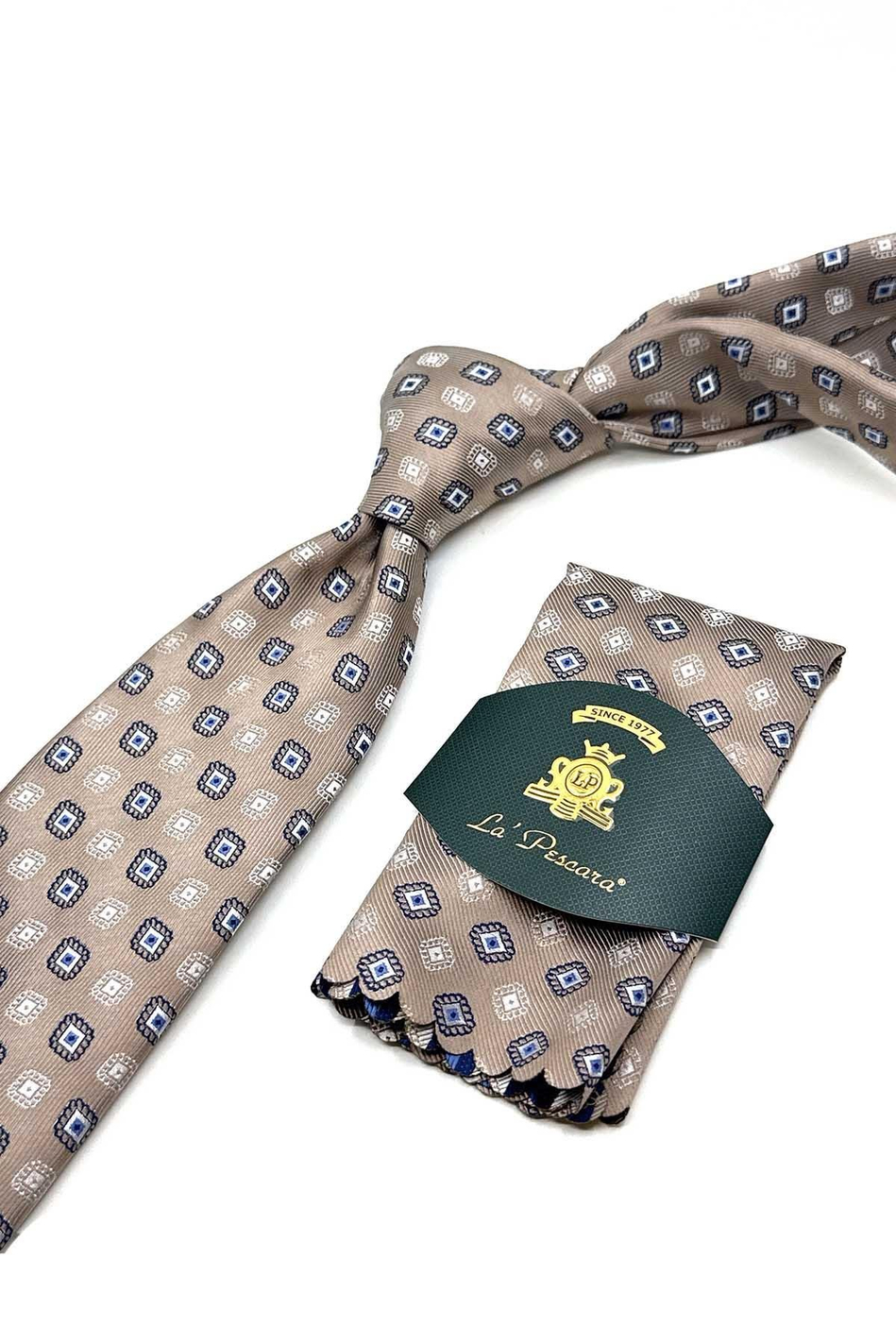 Bej Motif Desen Mendilli Klasik Kravat KK13087