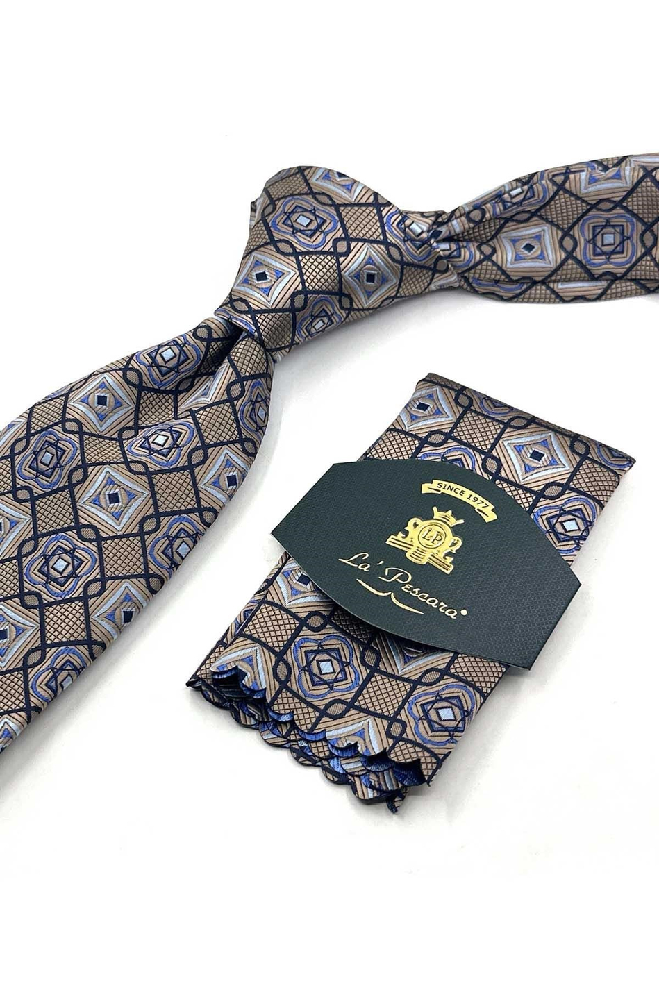 Bej Motif Desen Mendilli Klasik Kravat KK13771