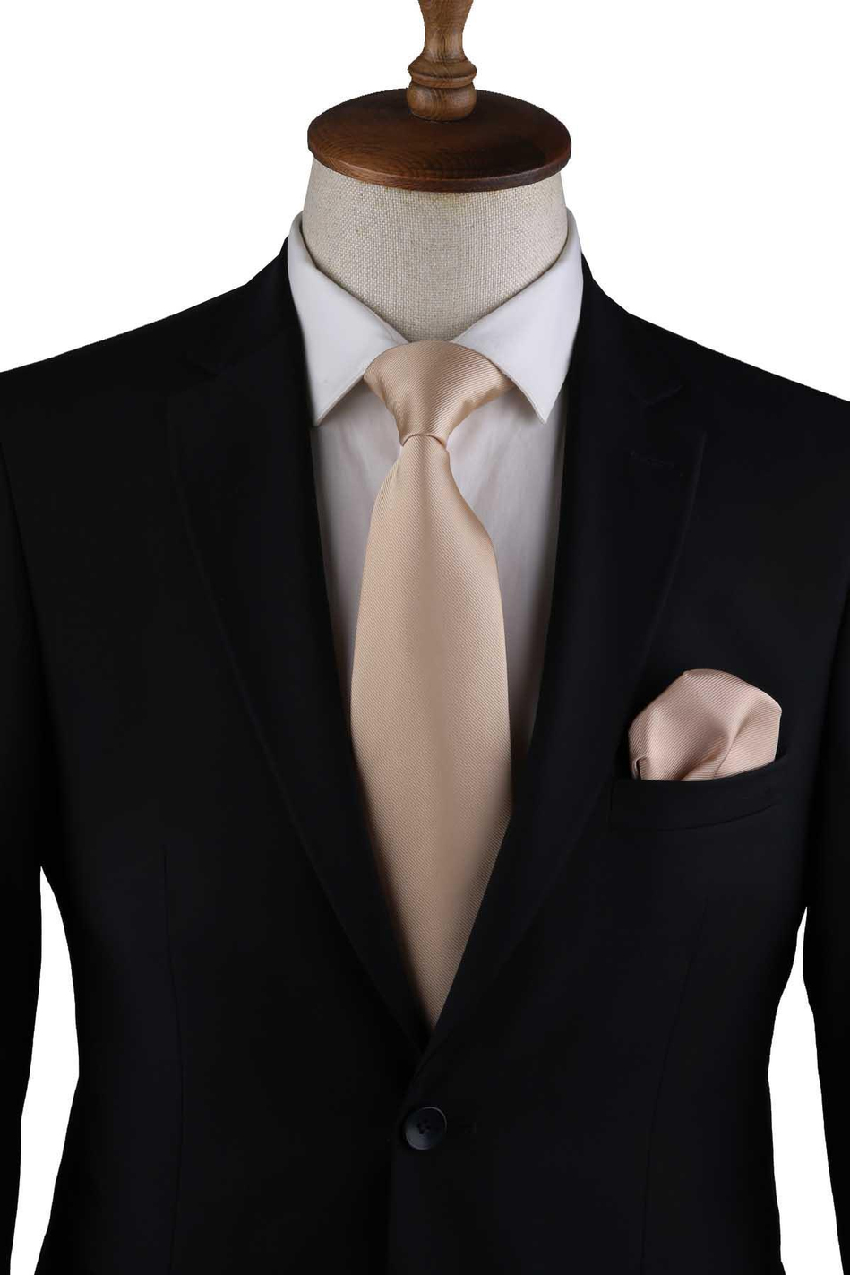 Bej Reps Dokulu Düz Mendilli Klasik Kravat KK13183