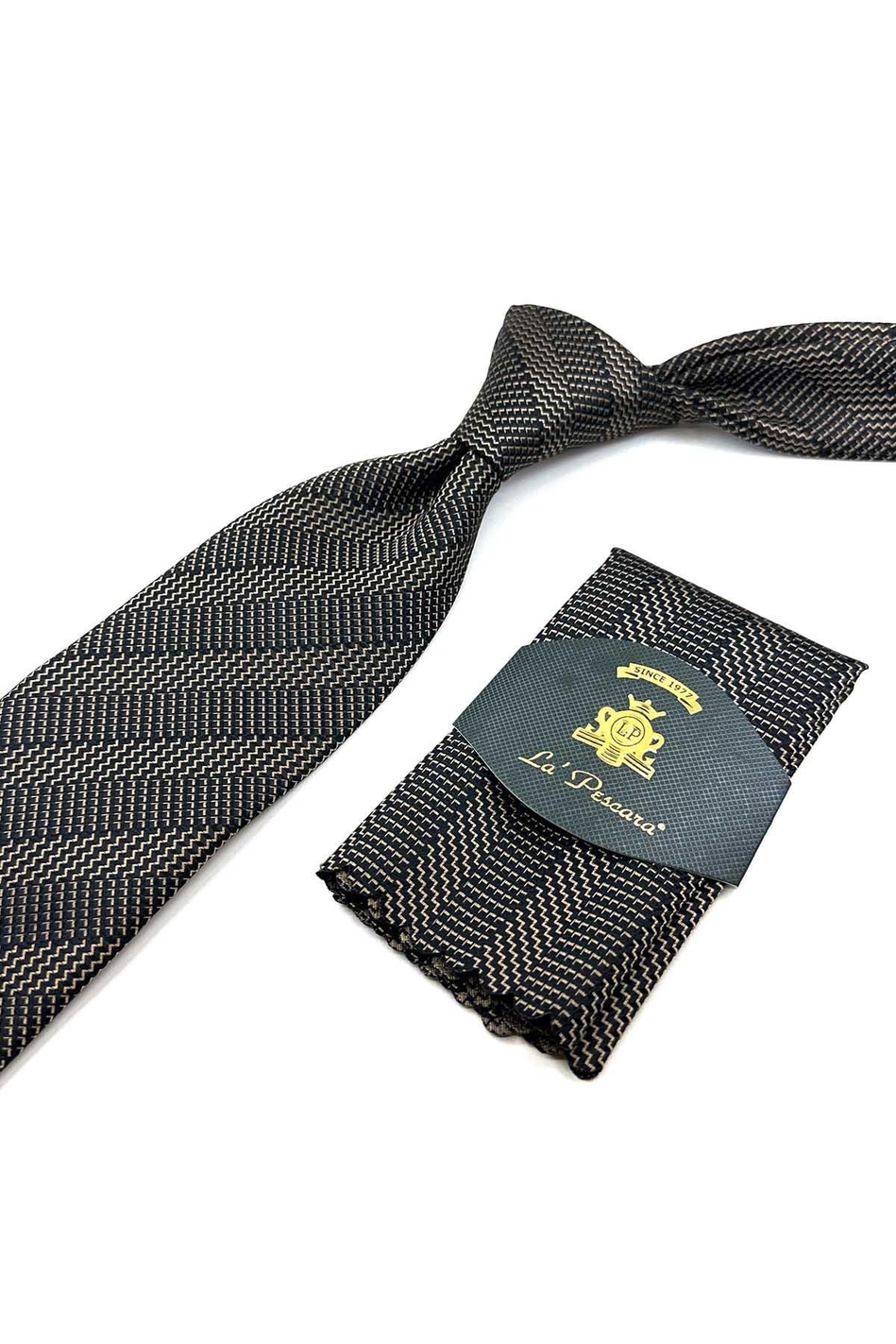 Bej - Siyah Çizgi Desen Mendilli Klasik Kravat KK12431