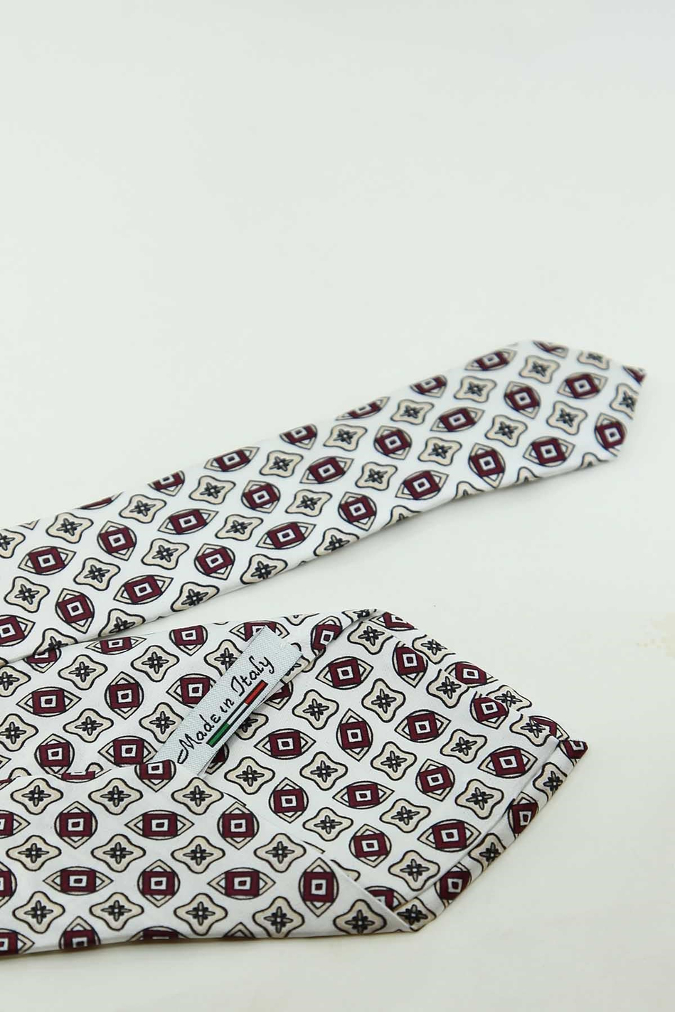 Beyaz Bordo Motif Desen İtalyan İpek Kravat İK2532