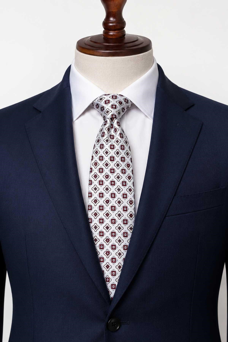 Beyaz Bordo Motif Desen İtalyan İpek Kravat İK2532
