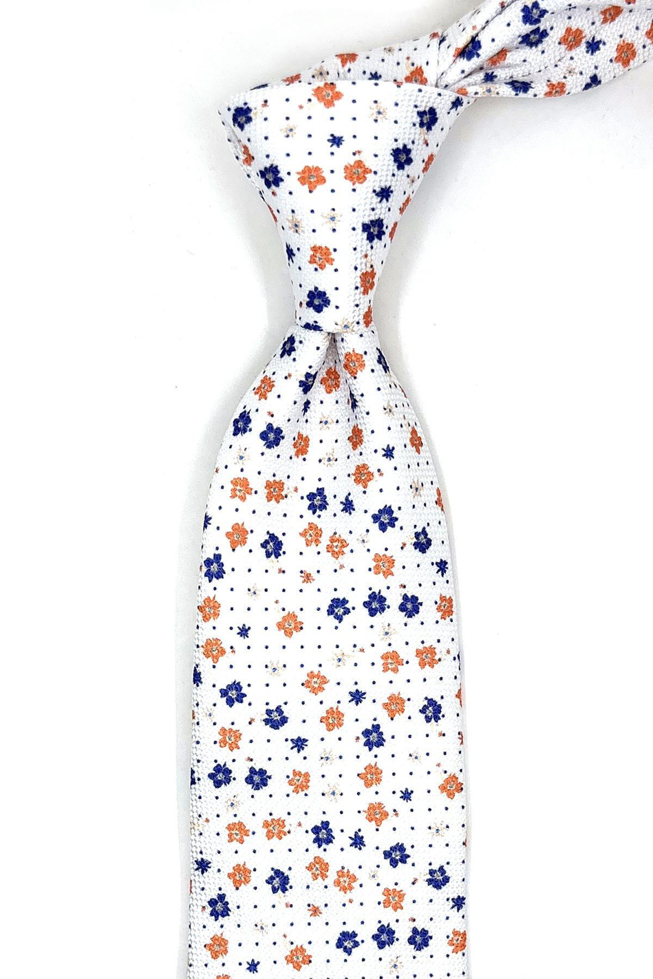 Beyaz Çiçek Desen Mendilli Klasik Kravat KK11443