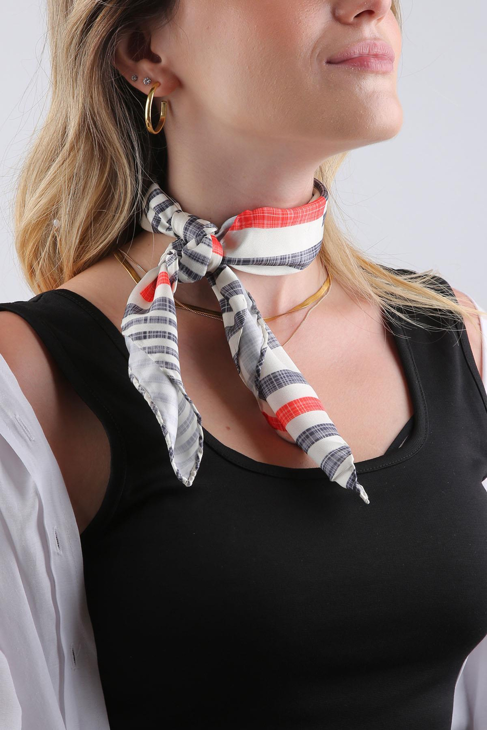 Beyaz - Füme Çizgi Desen Fular Bandana 55-55 cm KDNF25