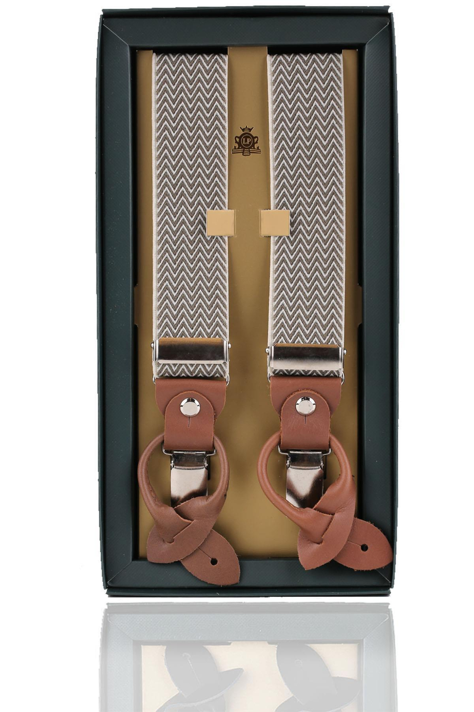 Beyaz - Haki Deri Bağlantılı Düğme Delikli Jakarlı Pantolon Askısı PAN146