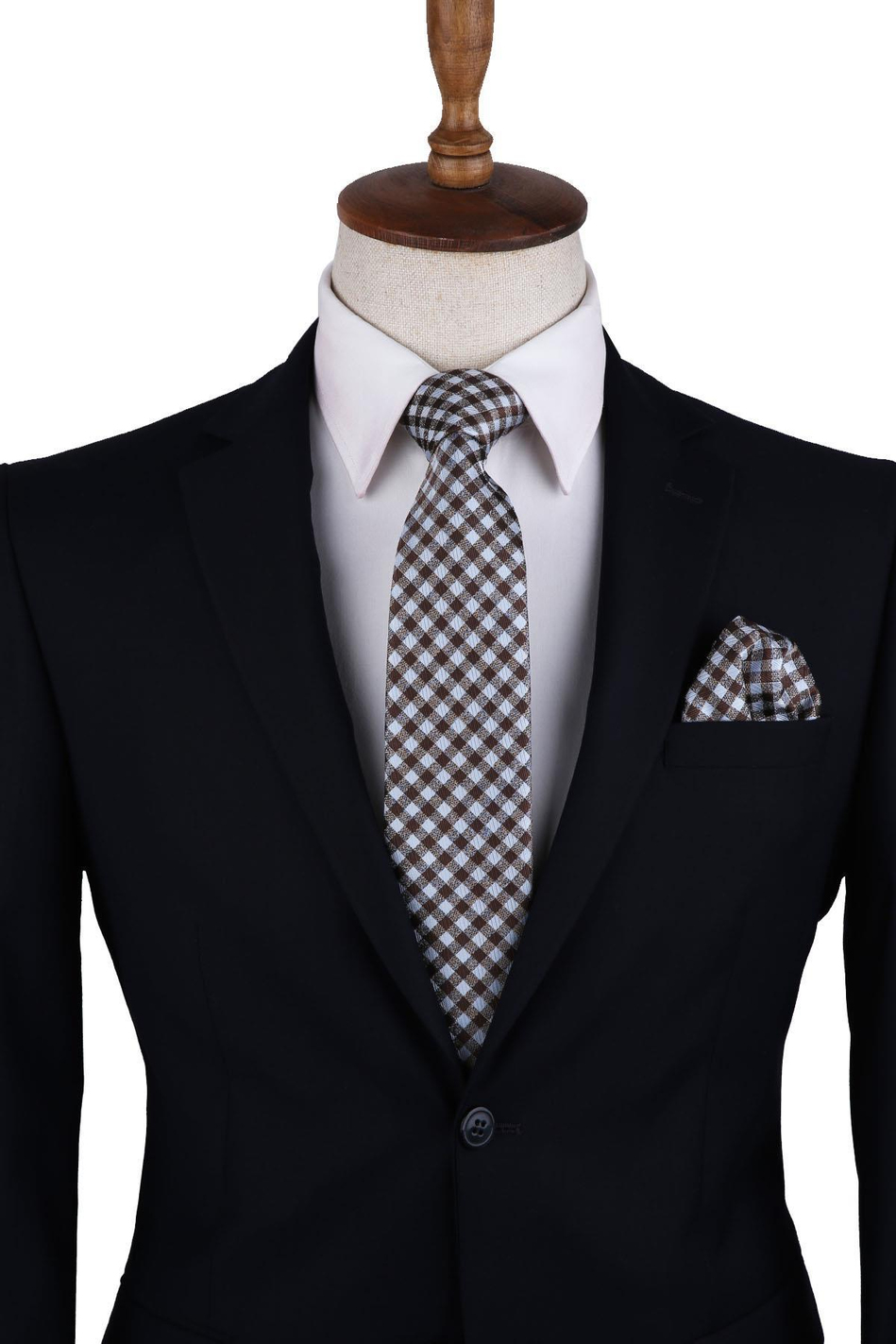 Beyaz - Kahverengi Ekose Desen Mendilli Klasik Kravat KK10644