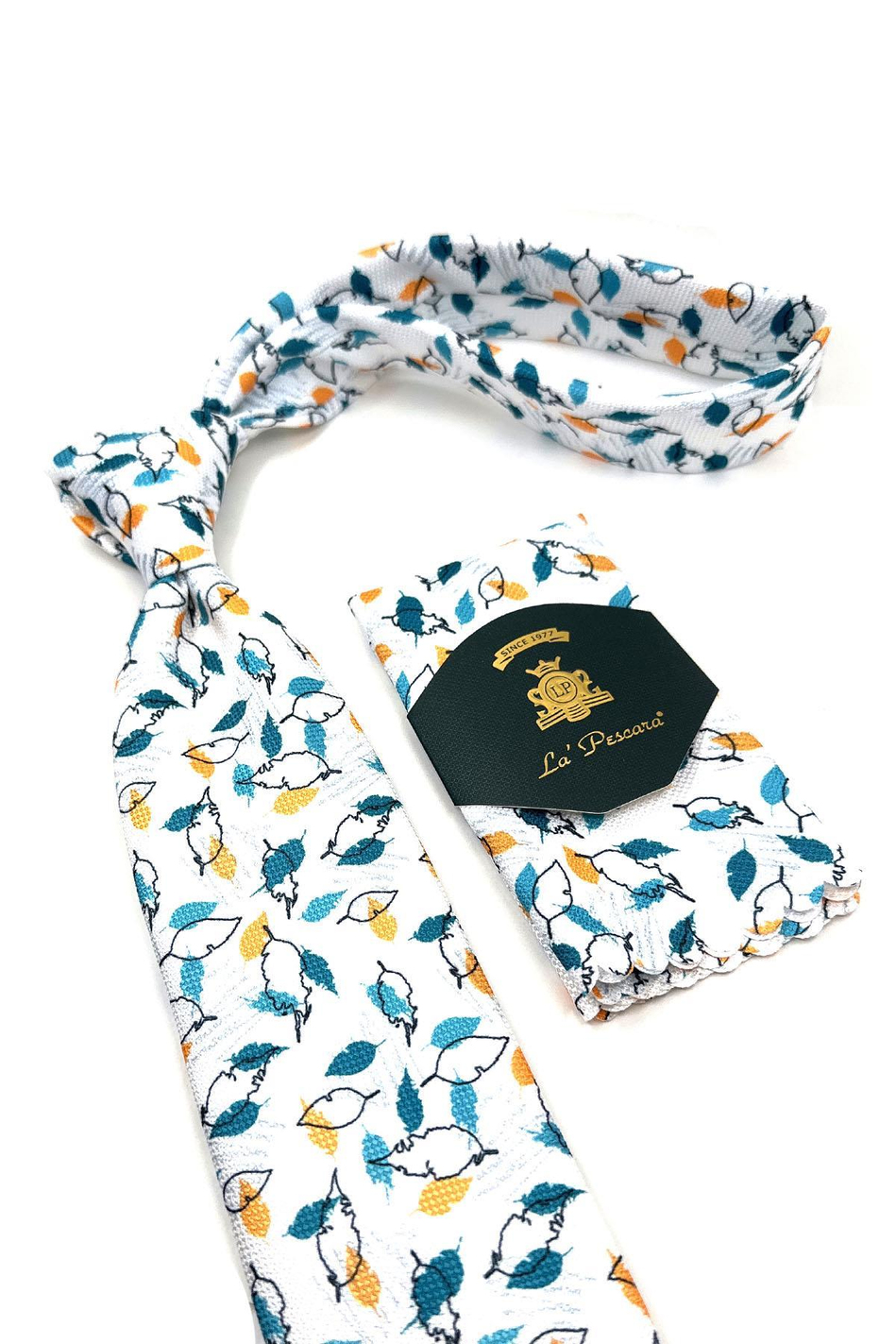 Beyaz Yaprak Motif Mendilli Klasik Kravat KK11448