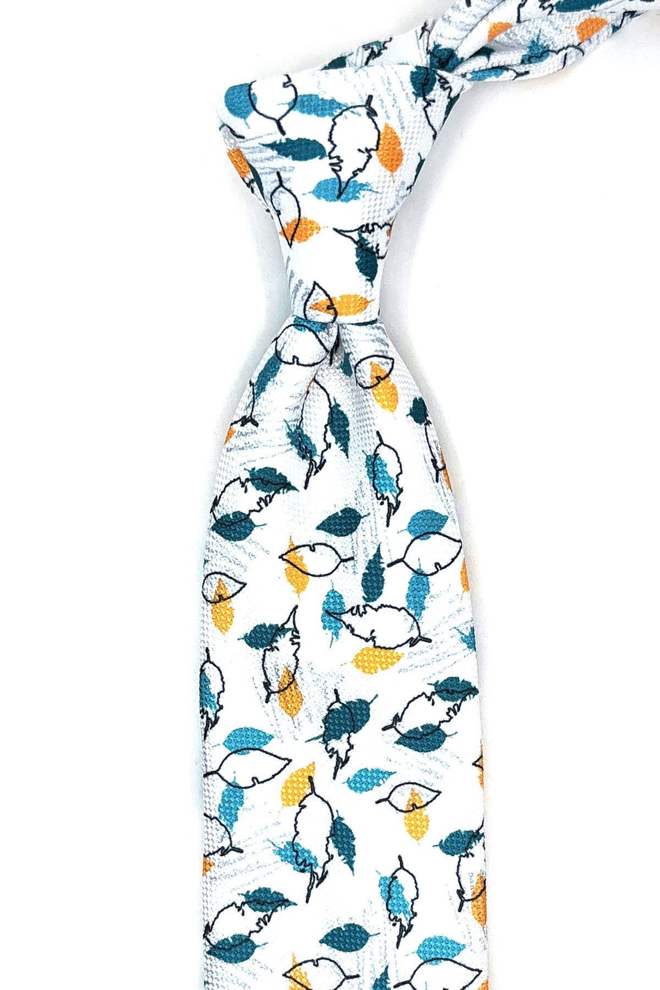 Beyaz Yaprak Motif Mendilli Klasik Kravat KK11448