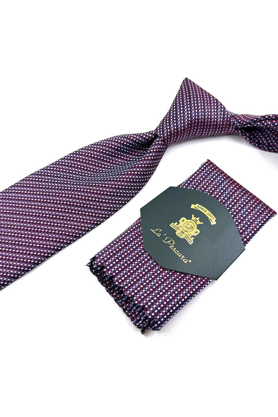 Bordo - Beyaz Çizgi Desen Mendilli Klasik Kravat KK11358