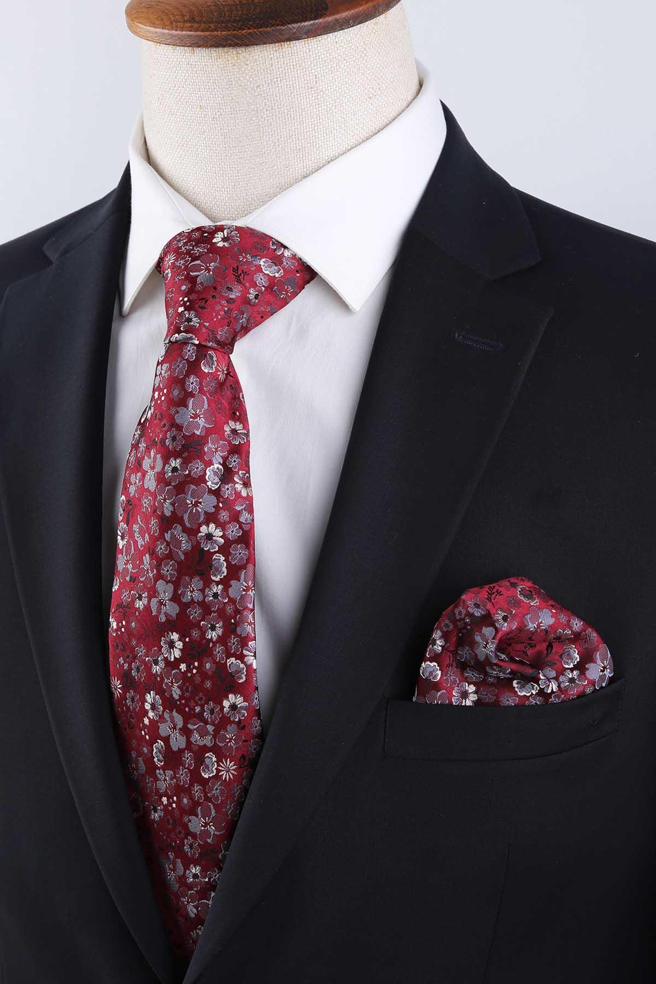 Bordo Çiçek Desen Mendilli Klasik Kravat KK13137