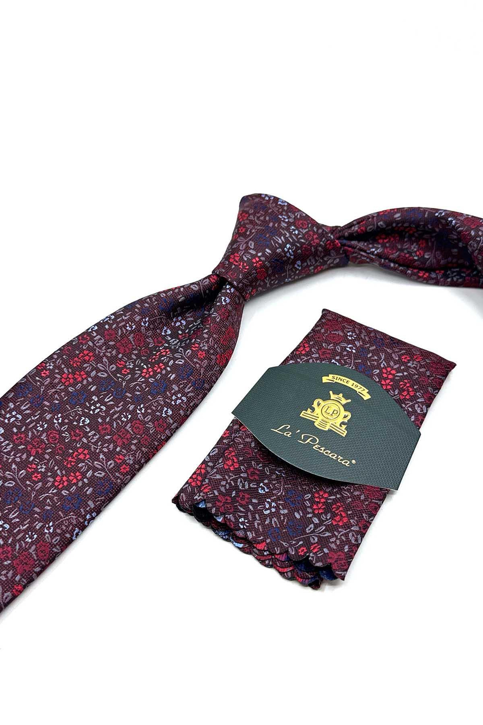 Bordo Çiçek Desen Mendilli Klasik Kravat KK13155