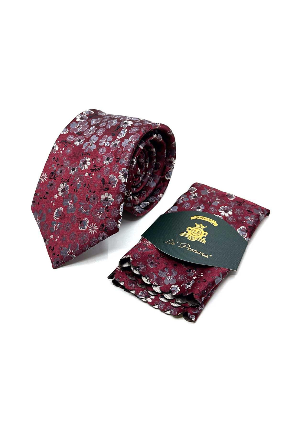 Bordo Çiçek Desen Mendilli Klasik Kravat KK13137